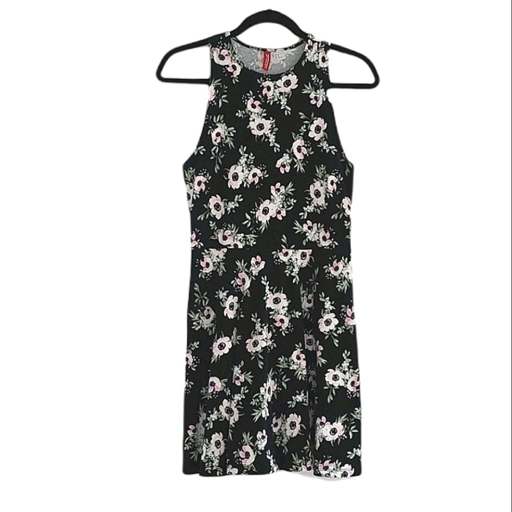 H&M Black Floral Sleeveless High Neck Mini Dress